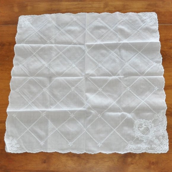 New Vintage Celine White Silk Handkerchief Embroidered Scalloped Edges Square - Picture 3 of 4